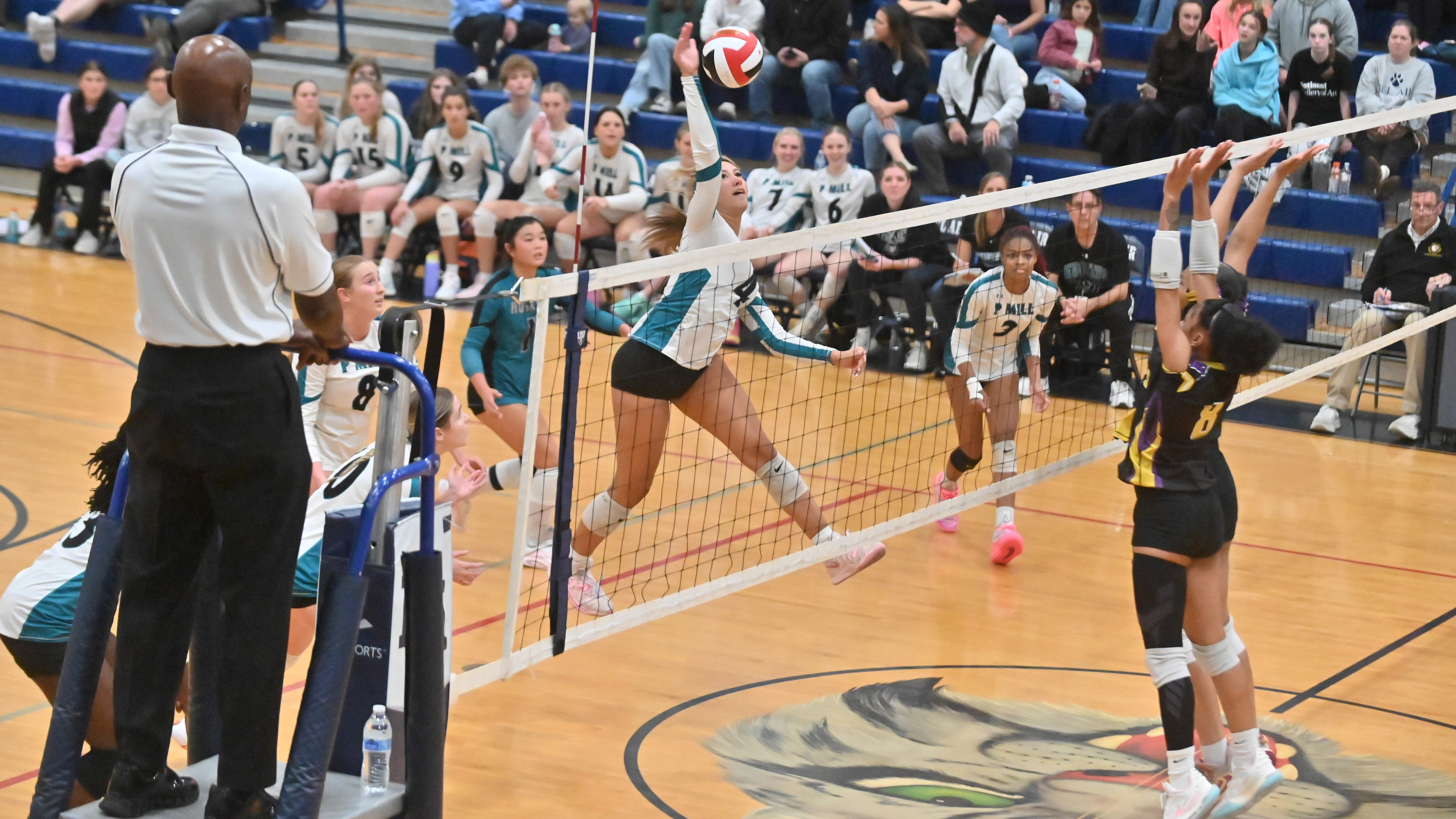Patterson Mill's Mia Jelen tries for a kill against CMIT-North during a 1A state semifinal volleyball match at Bel Air High School on Tuesday. (Brian Krista/Staff)