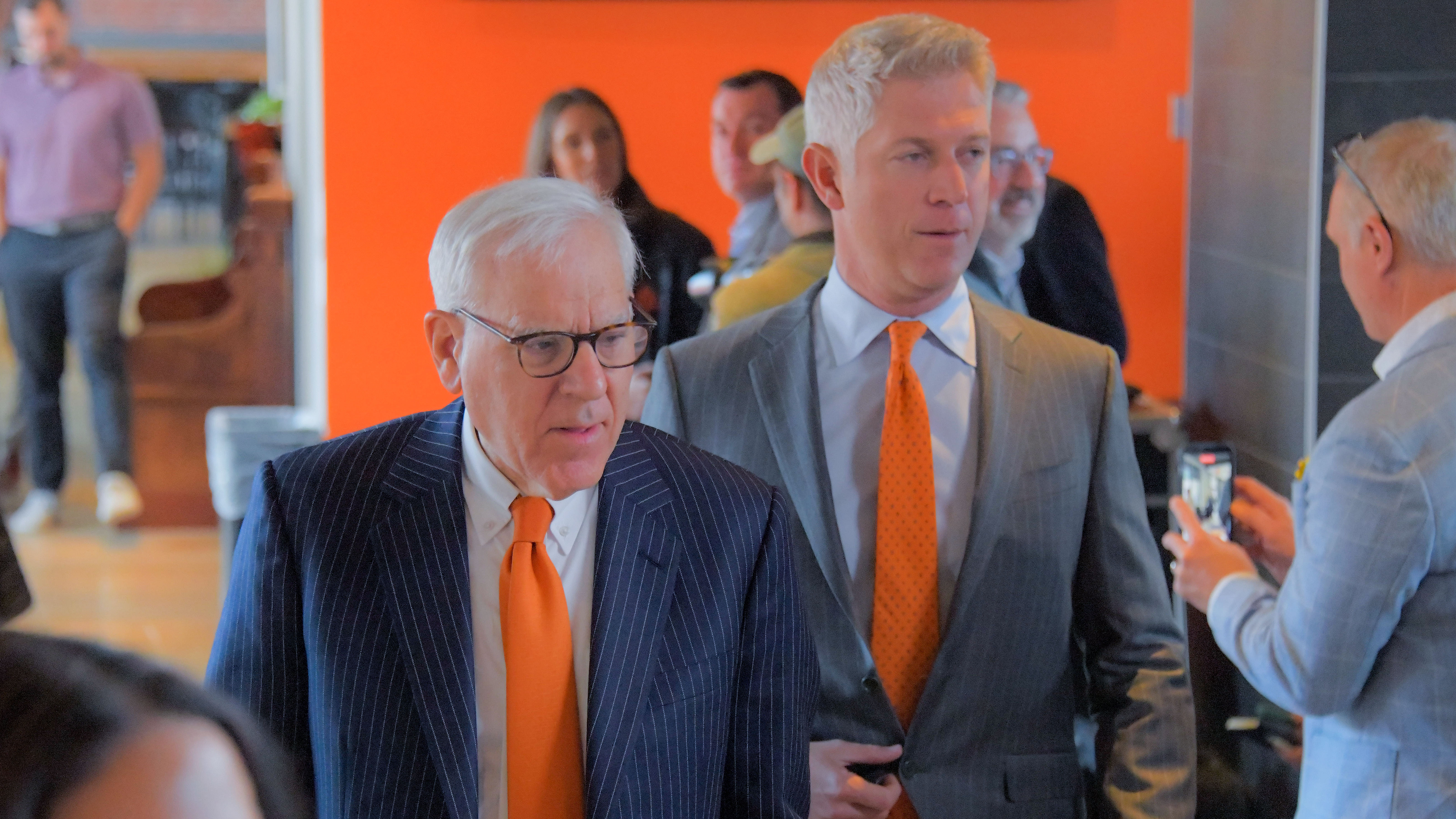 Orioles owner David Rubenstein, left, walks with president of baseball operations Mike Elias at the introductory news conference for new manager Craig Albernaz. Elias is expected to have a busy offseason bolstering a roster in need of pitching help. (Karl Merton Ferron/Staff)
